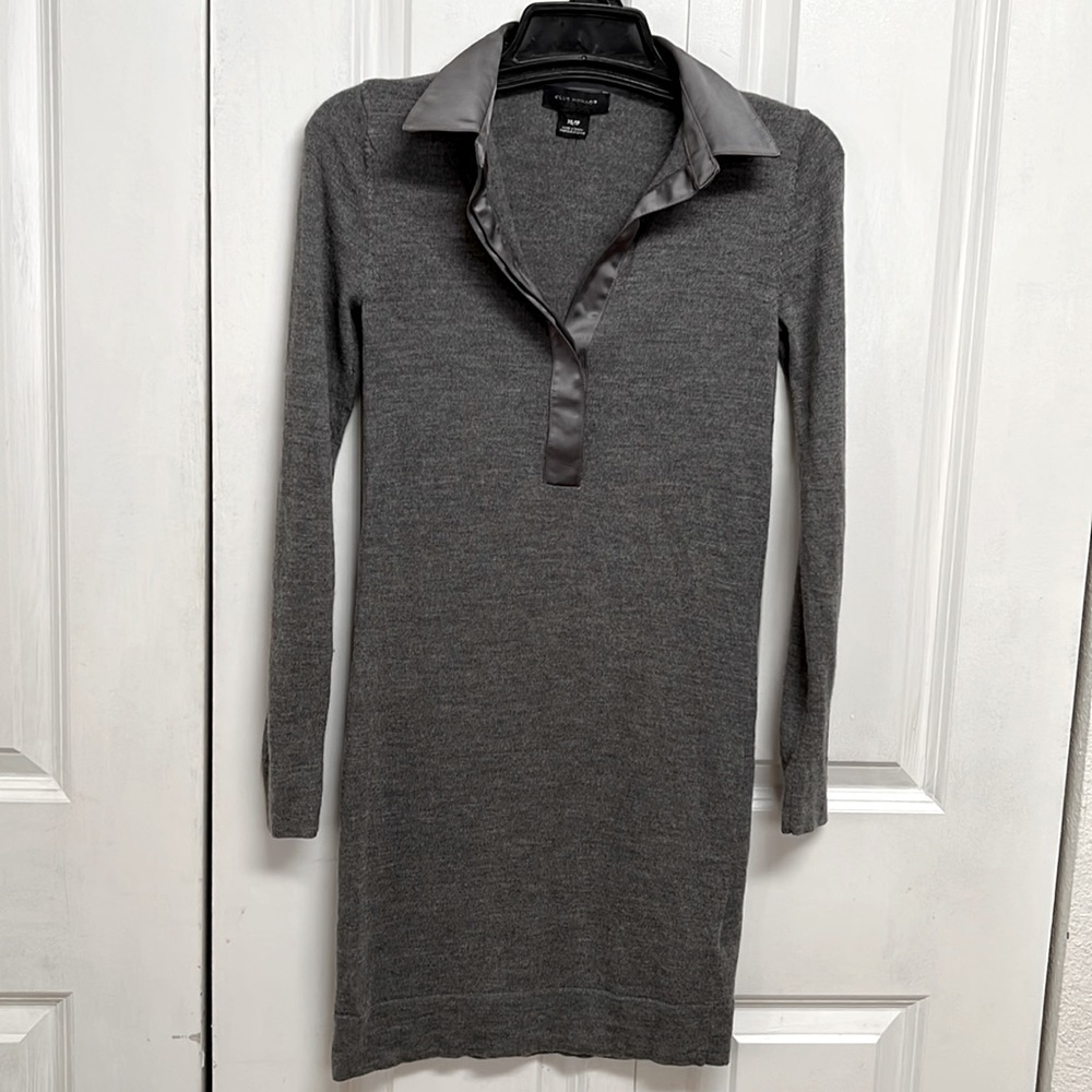 Club Manaco Gray Wool Satin V Trim long sleeve Sweater Dress Size XS